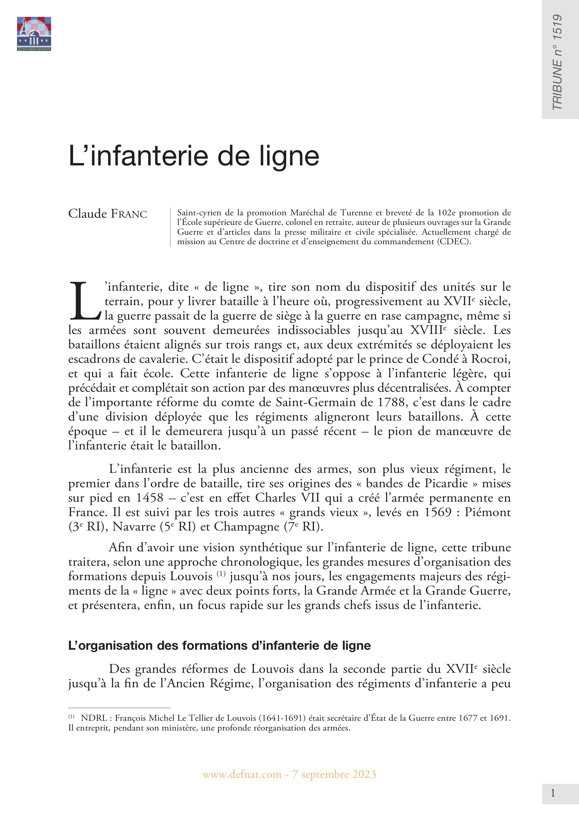 La défense hier et aujourd'hui – L’infanterie de ligne (T 1519)
